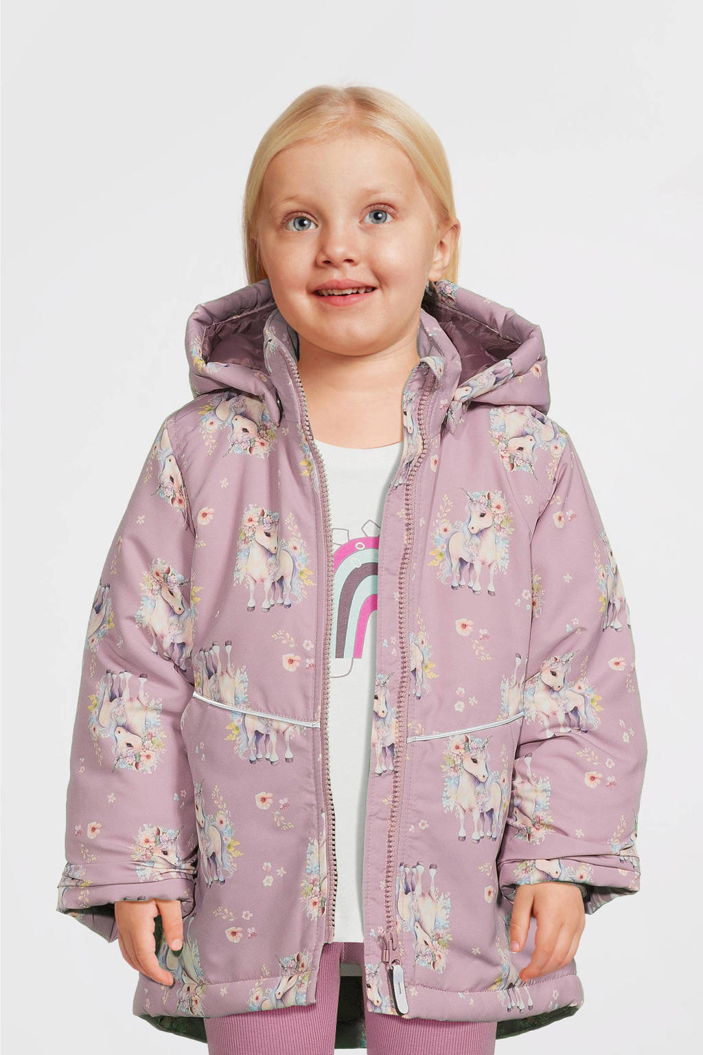 NAME IT winterjas NMFMAXI met all over print mauve/ecru unicorn