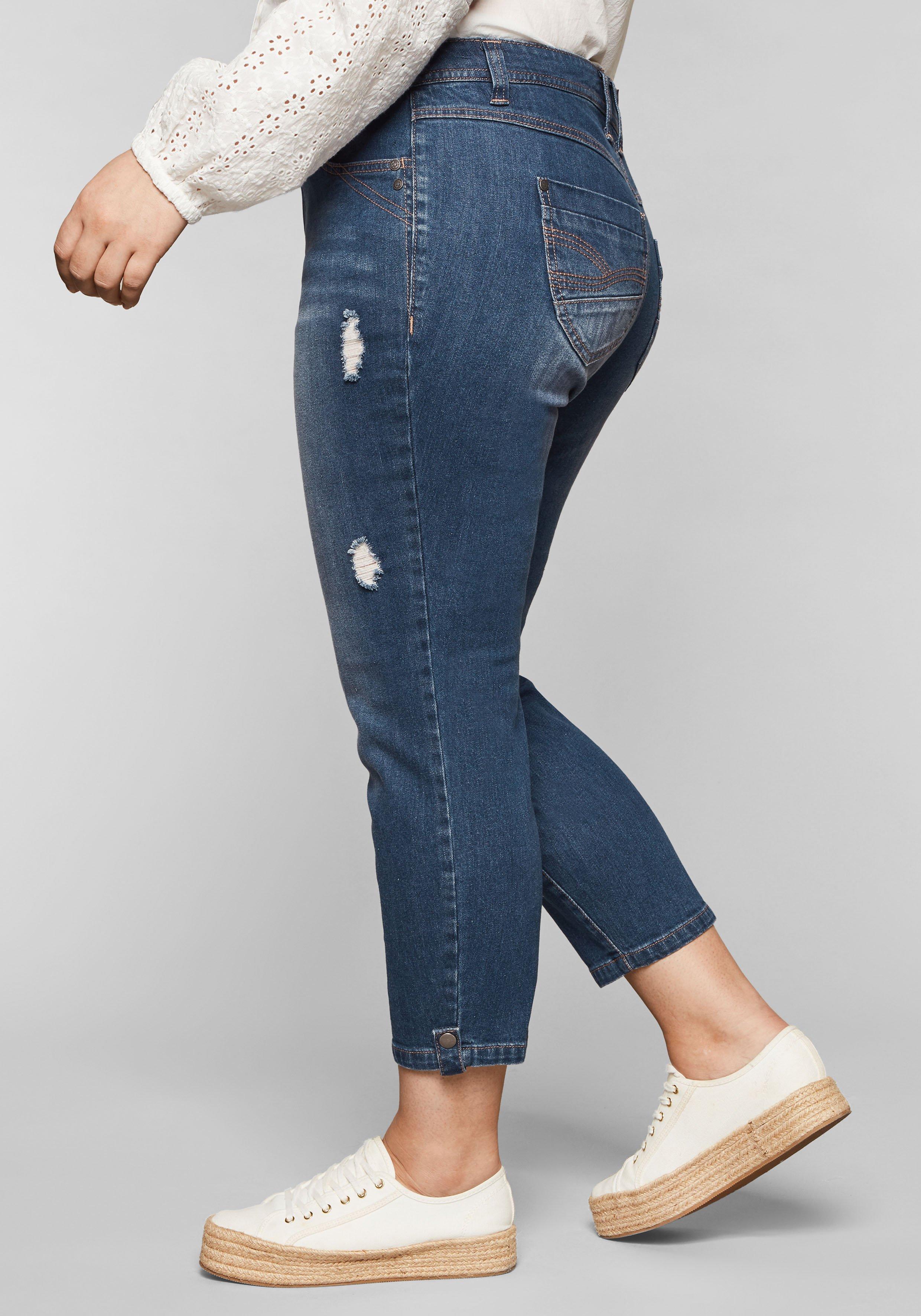 Slim Fit Jeans in 7/8-Länge mit Destroyed-Effekten