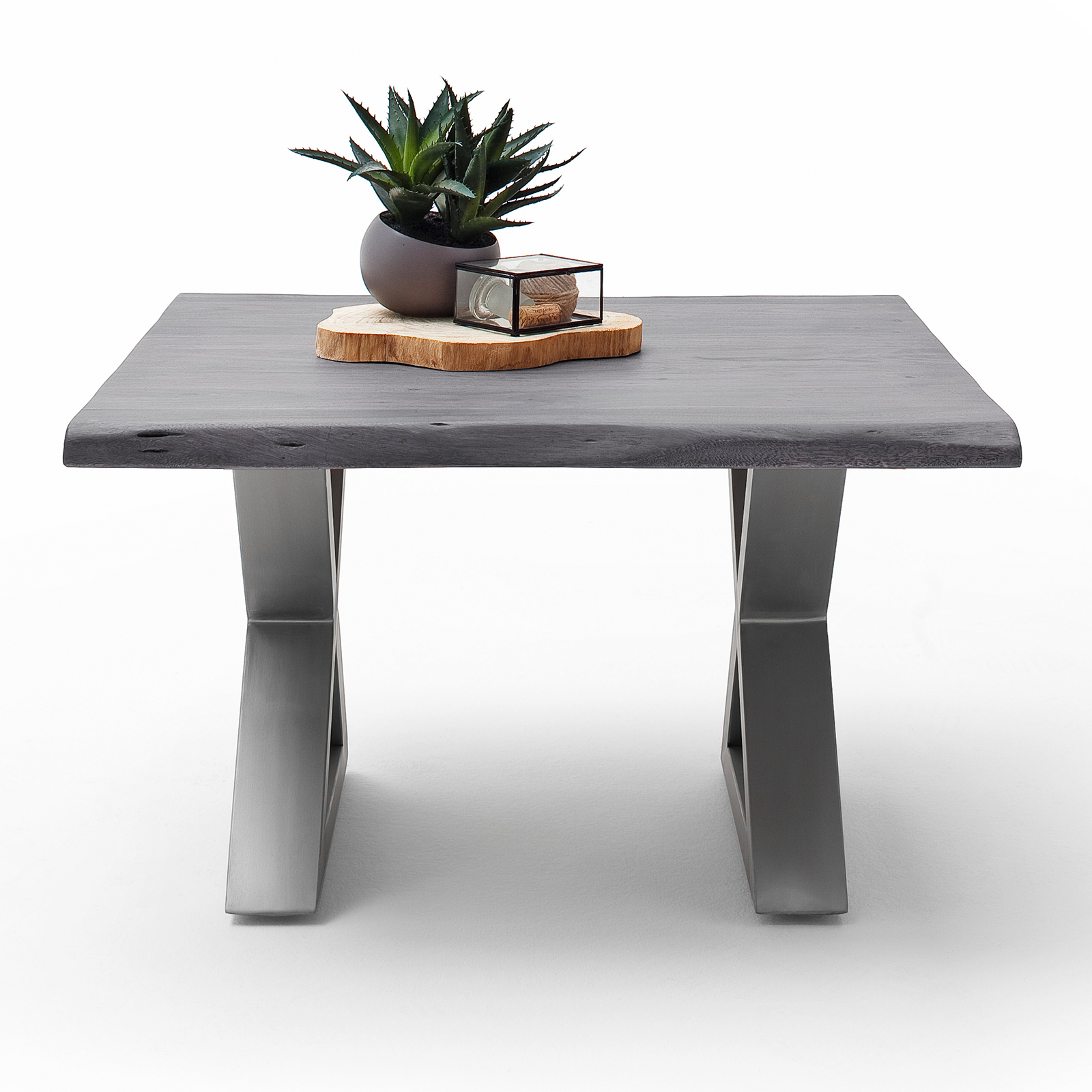 Couchtisch CARTAGENA - Akazie grau-Edelstahl - X-Gestell - 75x75 cm