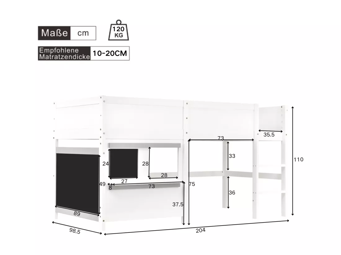 Lit mi-hauteur scandinave pour enfant, avec deux planches graffitistes, 3 escaliers, 90x200cm