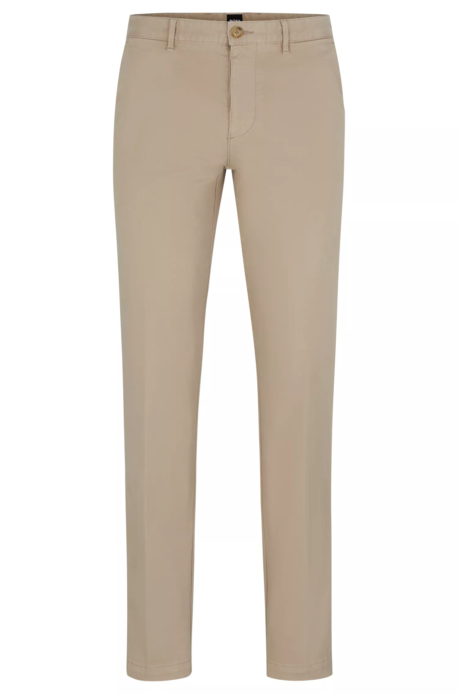 Calça chino BOSS preta, corte regular, em gabardine de algodão elástico.