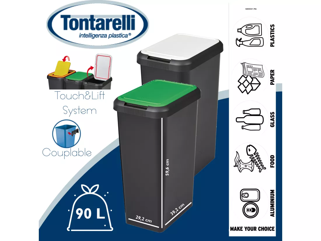 Set 2 Touch & Lift 90 litres Coubelles noires avec couvercle blanc / vert