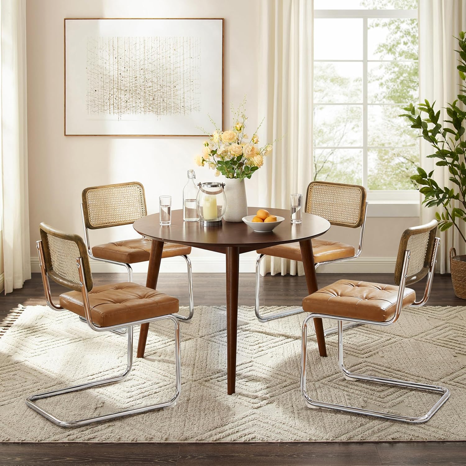 Zouron Esszimmerstühle Rattan Stuhl Schwingstühle 2er Set - mit Eichenholz Kunstleder Küchenstuhl Freischwinger Stühle Polsterstuhl Natur geflochtene Rattan Rückenlehne Chrom Metallbeine
