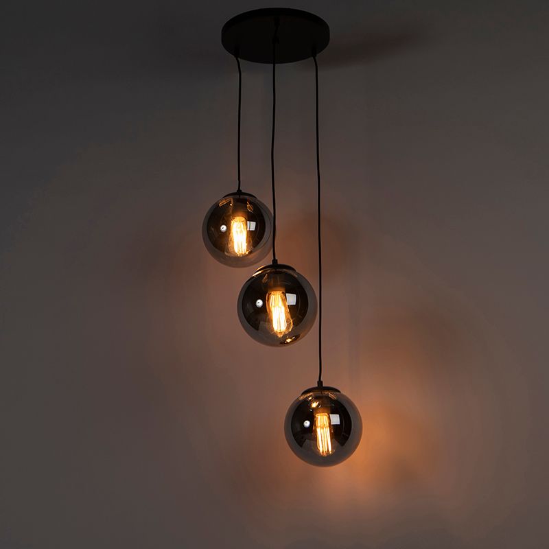 Art deco hanglamp zwart met smoke glas 3-lichts - Pallon