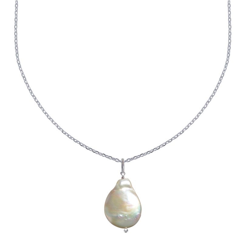 Collier Argent Rhodié Perle de Nacre Plate