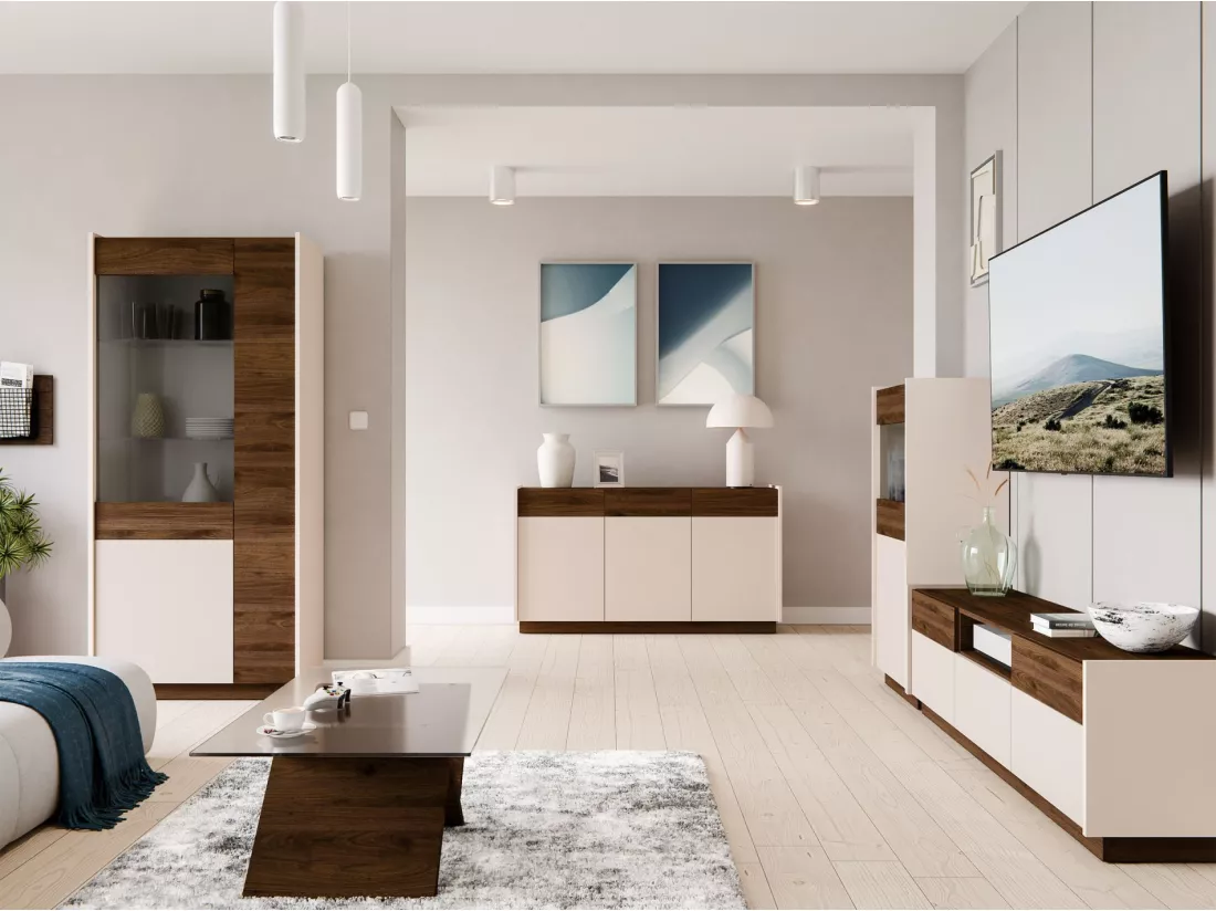 Vitrine basse à 2 portes - 60 cm - beige / noyer okapi - KOBBE