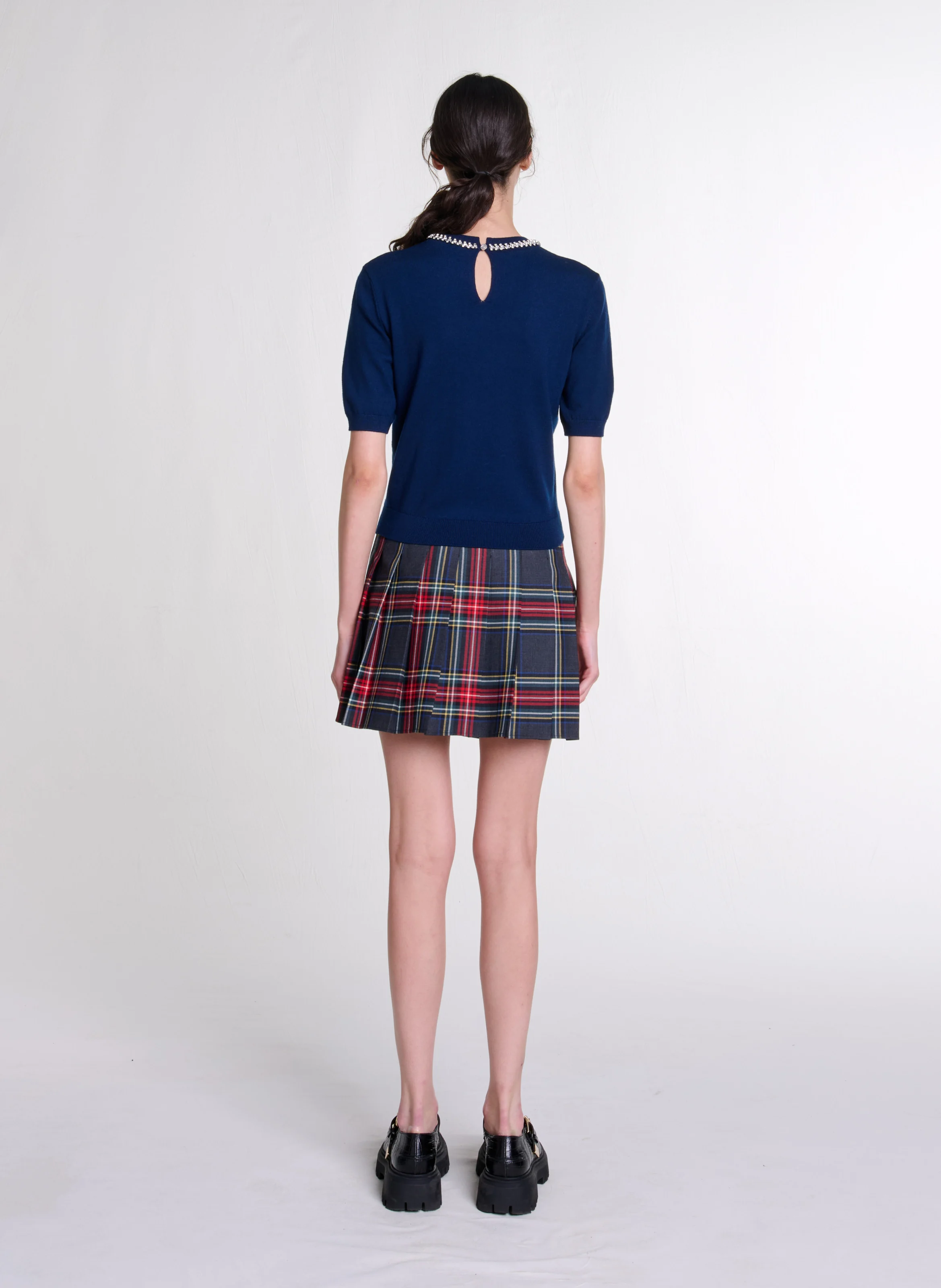 Top droit col rond à strass en laine mélangée | Bleu