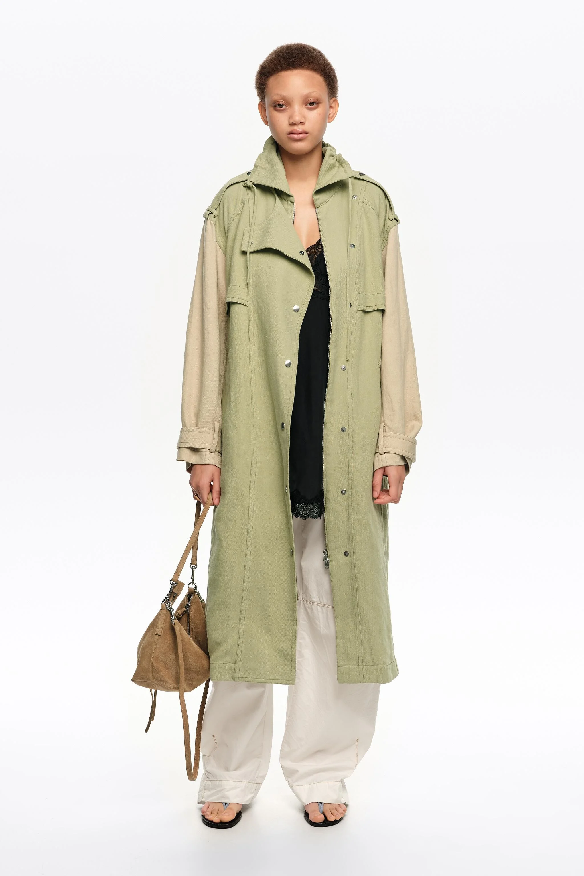 Trench coat maxi bicolor verde claro