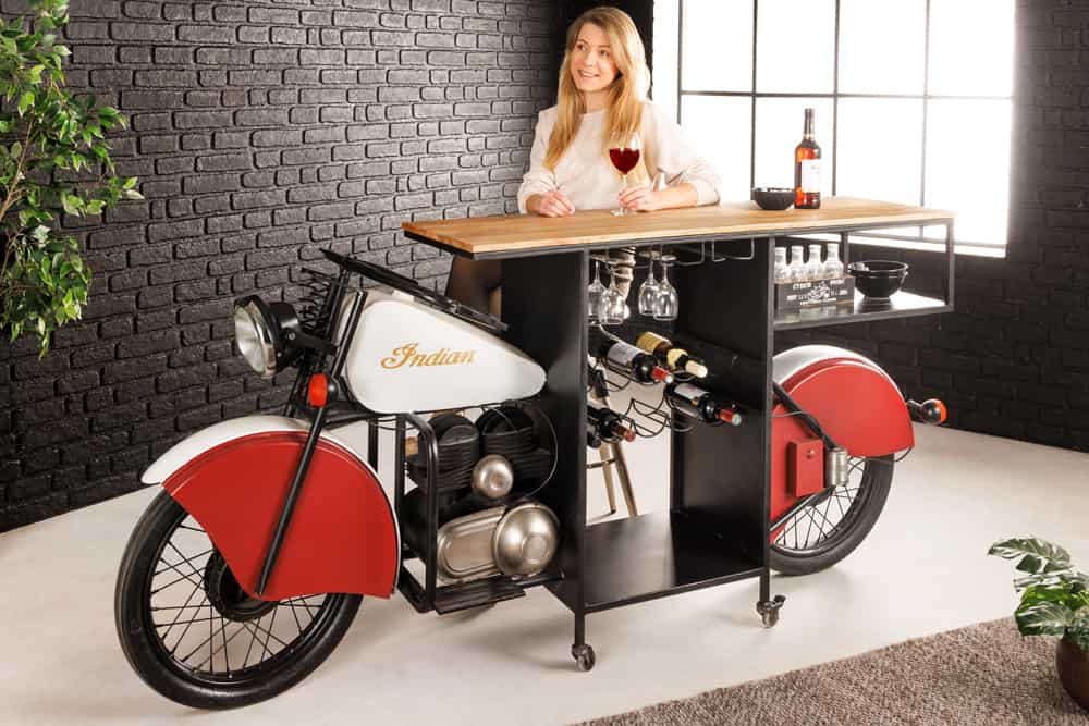 Design Bartisch EASY RIDER 230cm weiß rot schwarz Mangoholz Motorrad Upcycling