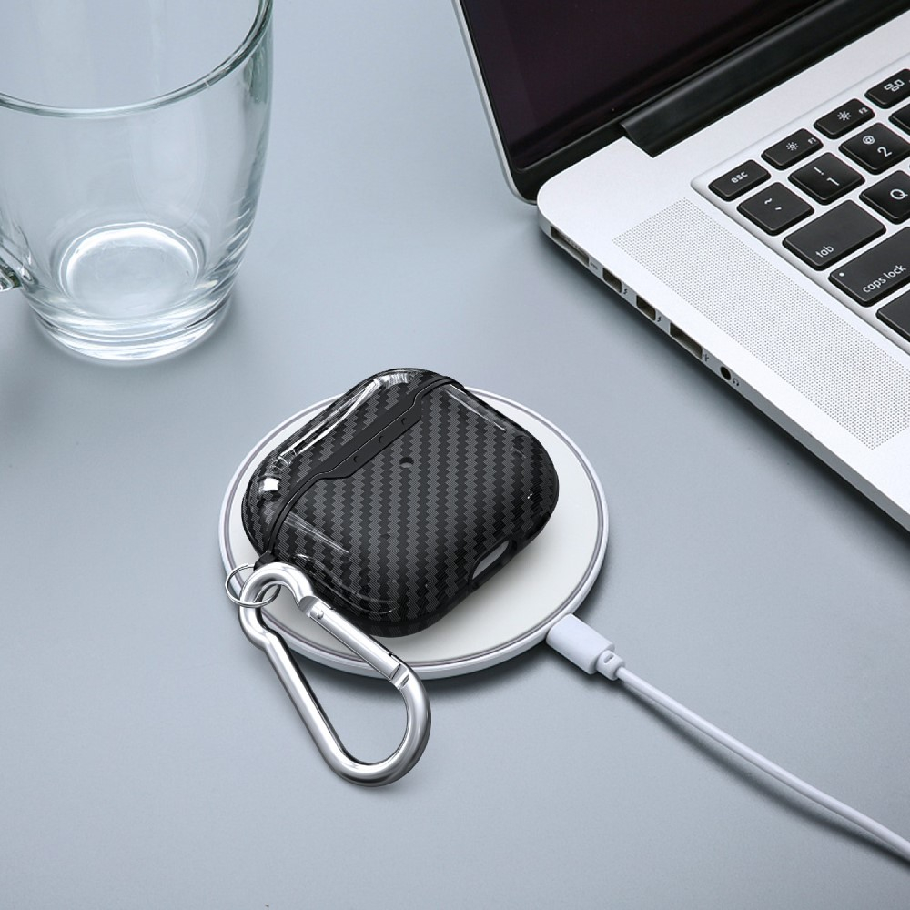 AirPods (3. Generation) Gummi Schutzhülle Abdeckung mit Karabinerhaken Carbon Look - Schwarz