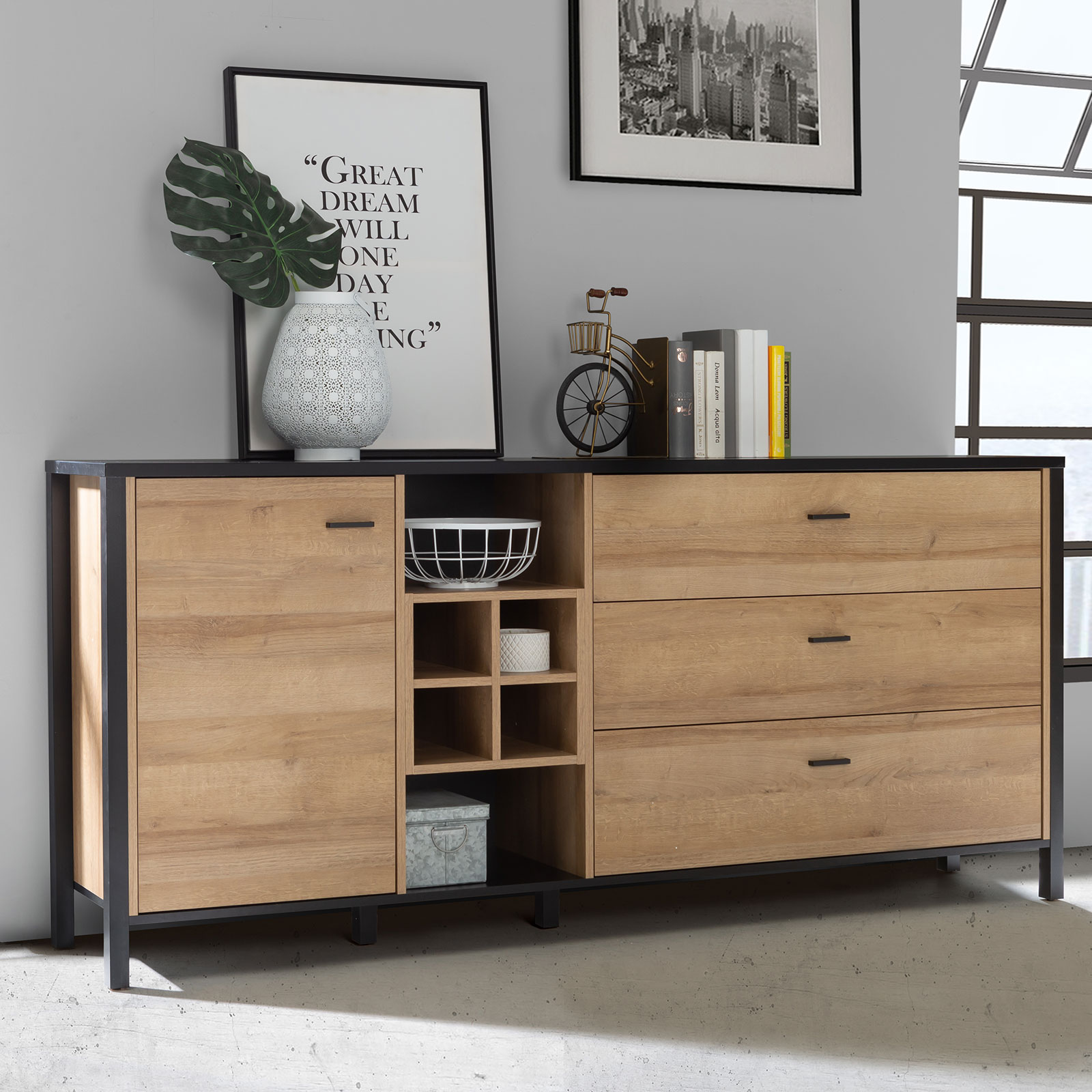 Sideboard - Riviera Eiche - schwarz - 186 cm breit