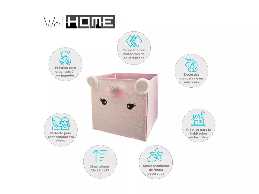 WELL HOME - Boîte de rangement enfant 'Licorne' rose - 29 x 39,5 x 29 cm