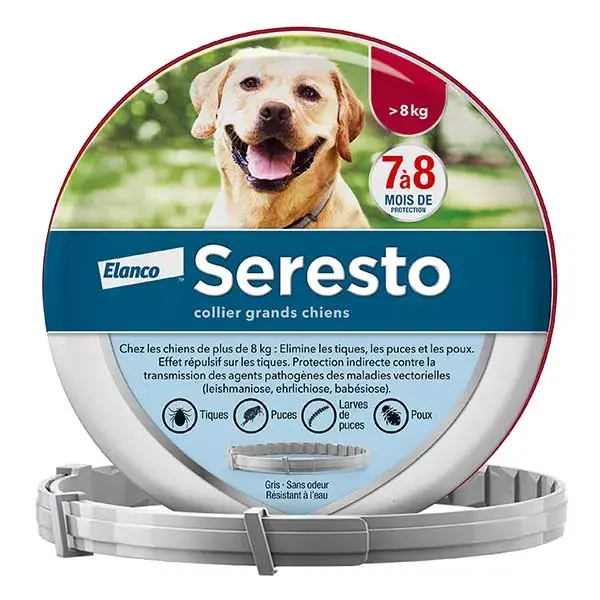 Coleira Seresto para cães grandes com mais de 8 kg, antipulgas e carrapatos (1 unidade)