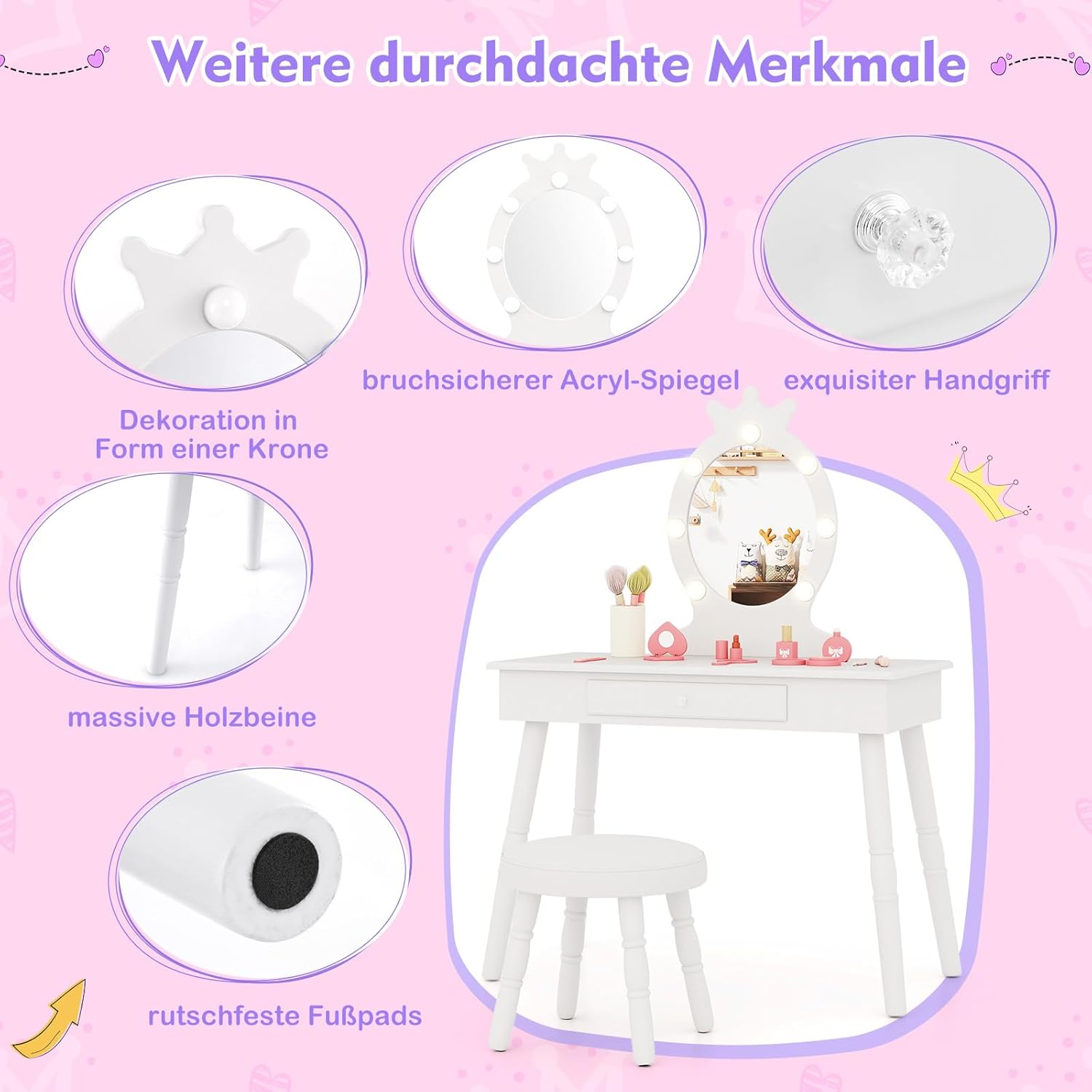 COSTWAY Schminktisch Kinder mit Beleuchtung, 2 in 1Frisiertisch Prinzessin mit abnehmbarem Spiegel & Schublade, Schminkkommde Holz mit Hocker, Kosmetiktisch Mädchen für Kinder von 3-7 Jahren (Weiß)