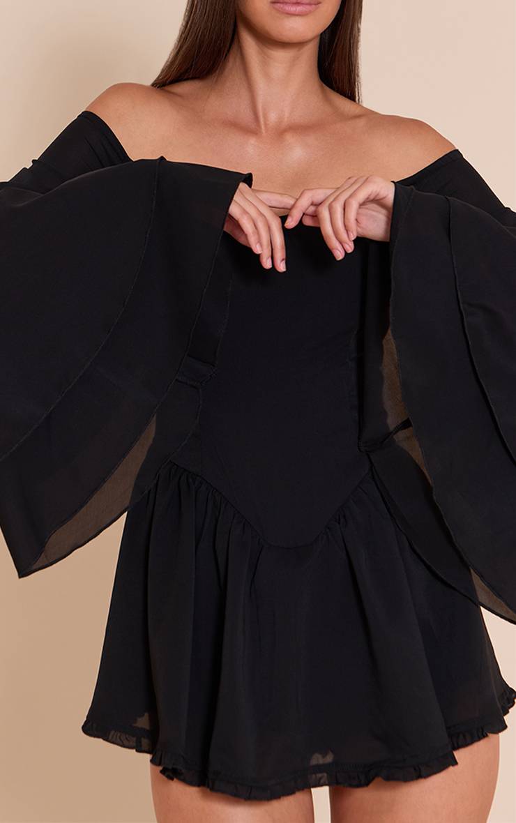 Noir Combinaison-short À Motifs Abstraits Col Bardot Et Manches Évasées