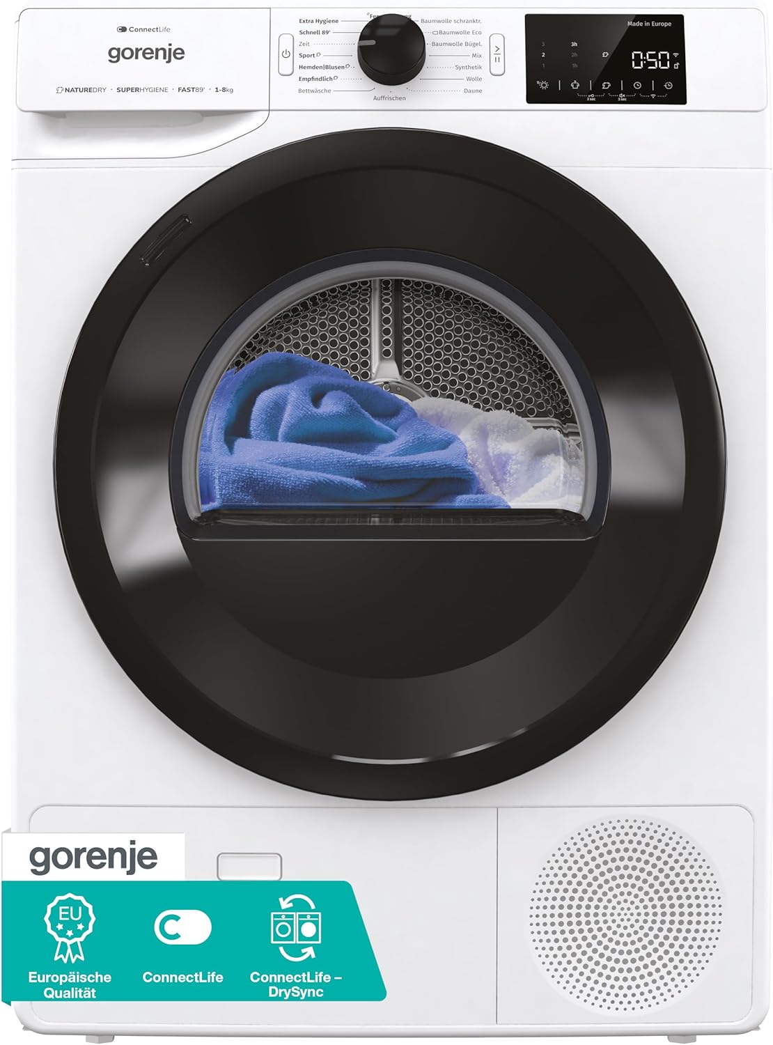 Gorenje DPNE82/GN Trockner/Kondensation mit Wärmepumpe / 8kg / 16 Programme/WIFI/Made in Europe/WaveActive Trommel/TwinAir/Feuchtesensor/Naturedry/LED Display/EEK: D