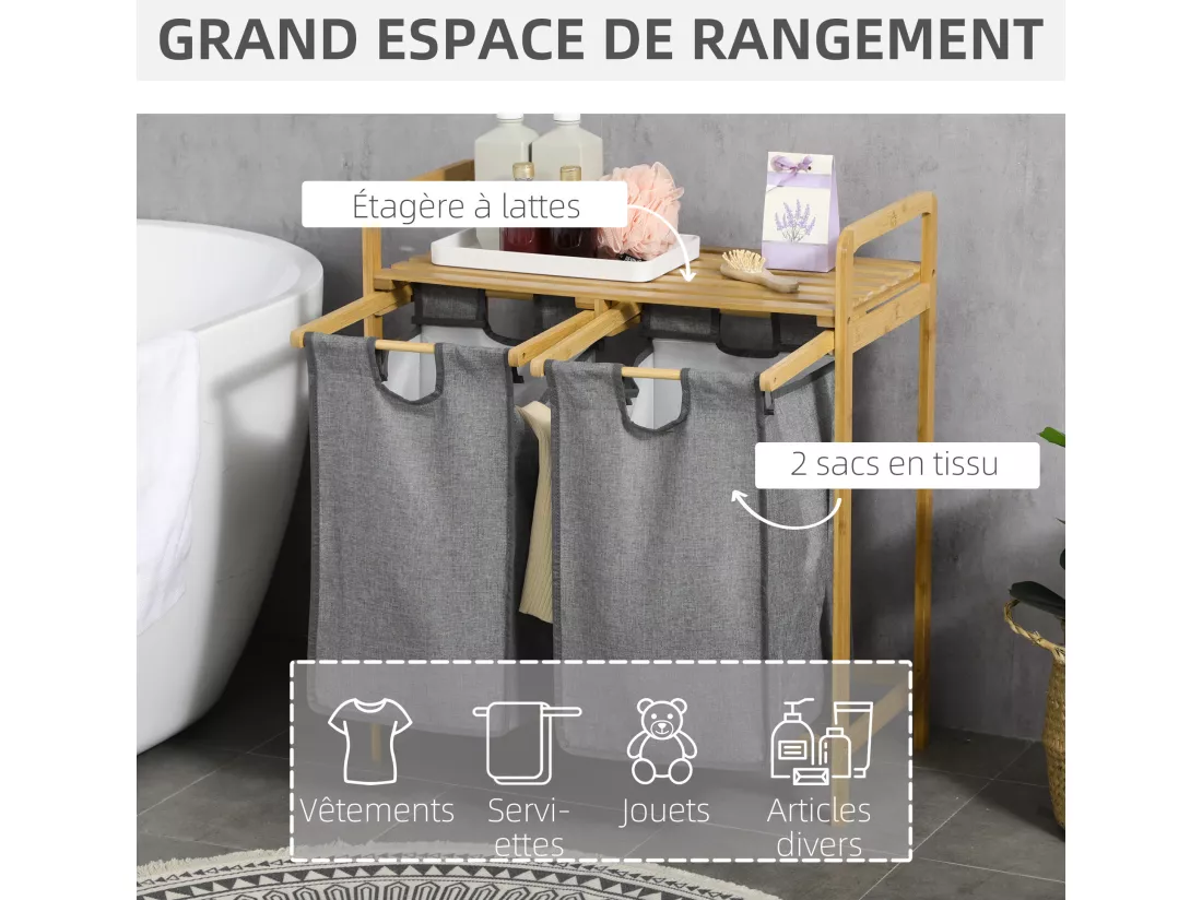 Panier à linge corbeille à linge en bambou 2 paniers amovibles non-tissé gris foncé