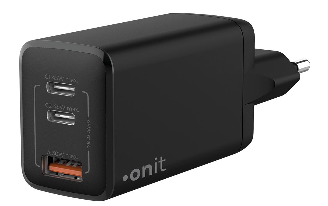 USB-Wandladegerät Trial QC4+ 45 W GaN SchwarzLadeadapter mit zwei USB-C-Ports und einem USB-A-Port