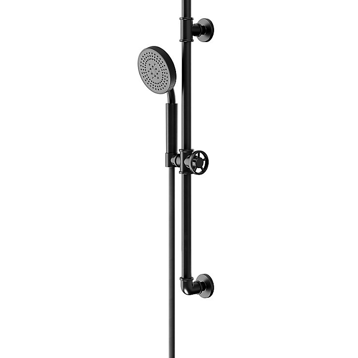 Kit de douche sans robinetterie avec douchette 5 jets + flexible + barre réglable, noir, GoodHome Selenga