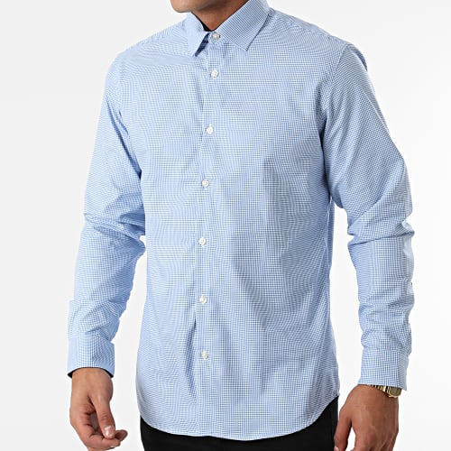 Chemise Manches Longues A Carreaux New Mark Bleu Blanc