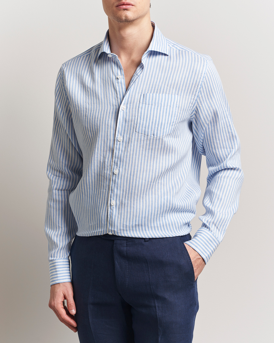 Oscar Jacobson Wide Spread Linen/Cotton Venetian Stripe Shirt Blue
