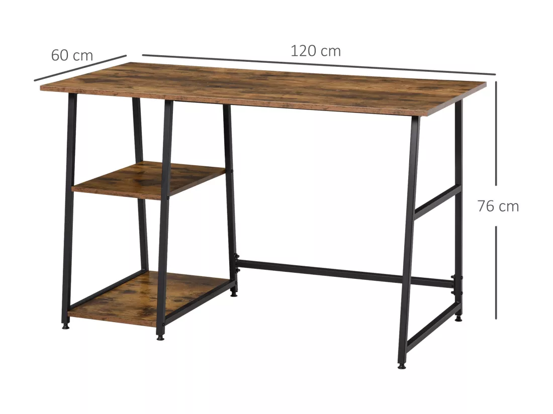 Bureau informatique design industriel 2 étagères panneaux particules aspect vieux bois acier noir