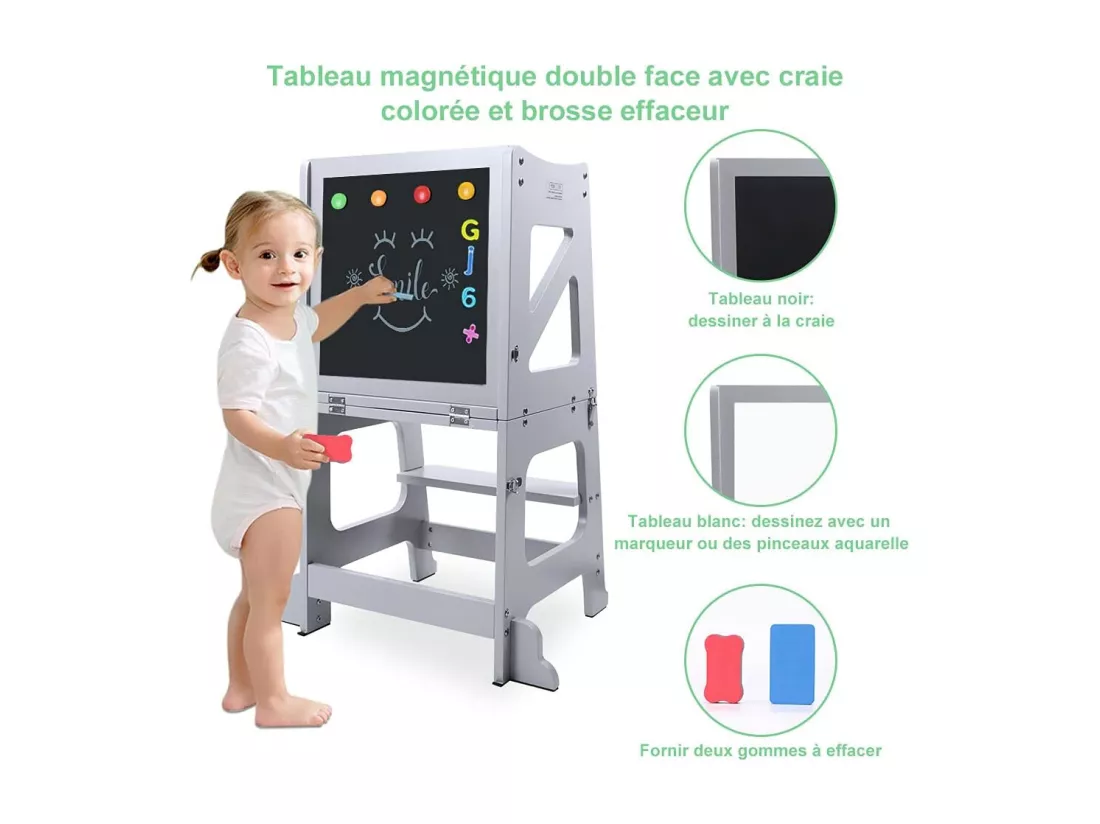Yoleo Tour d'apprentissage pour Enfants Montessori Learning Tower Bois Naturel Kitchen Helper pour Petit Bebe Transparent avec Un Tableau