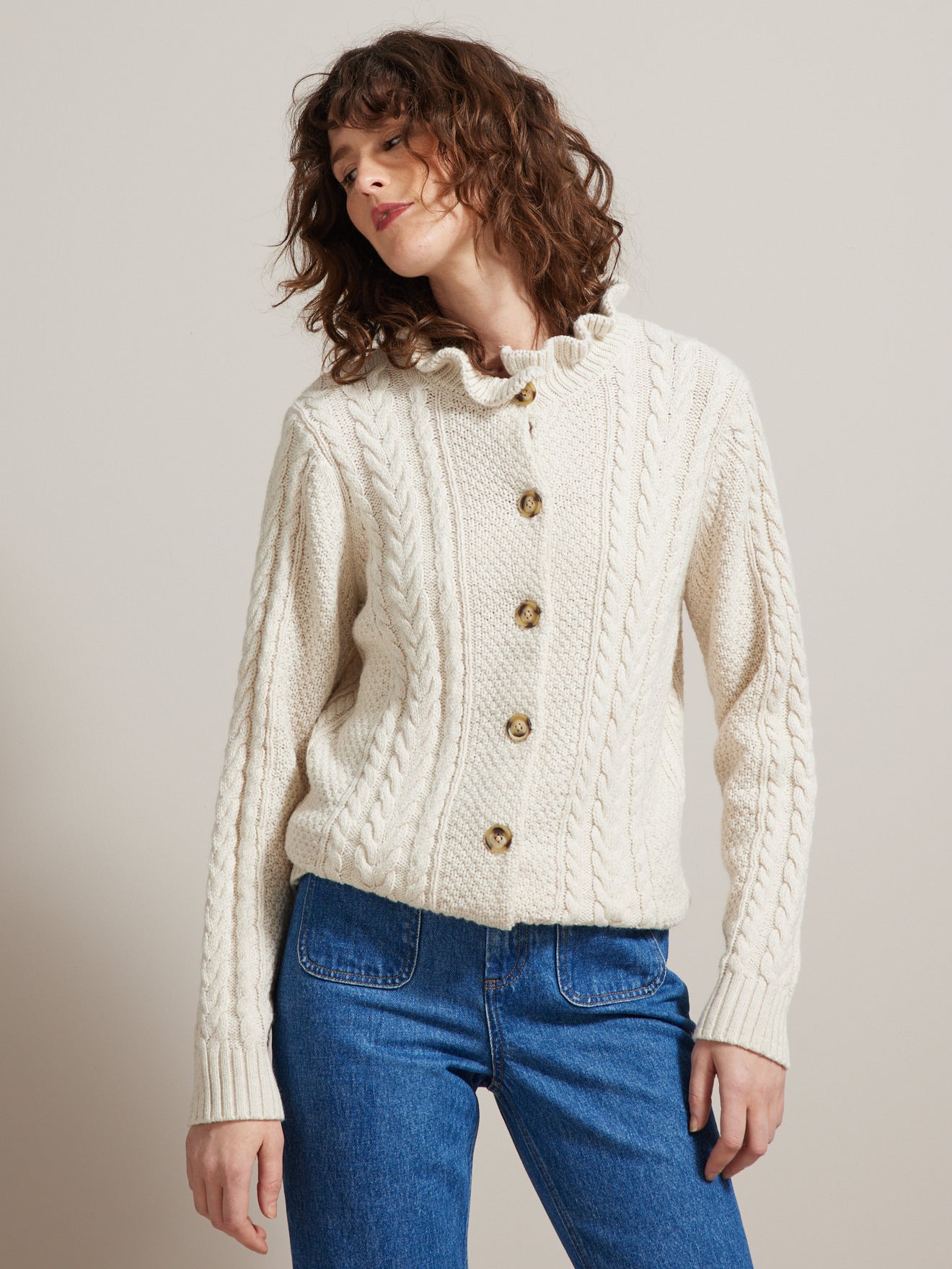 Gilet torsadé col froufrou femme - Laine RWS*