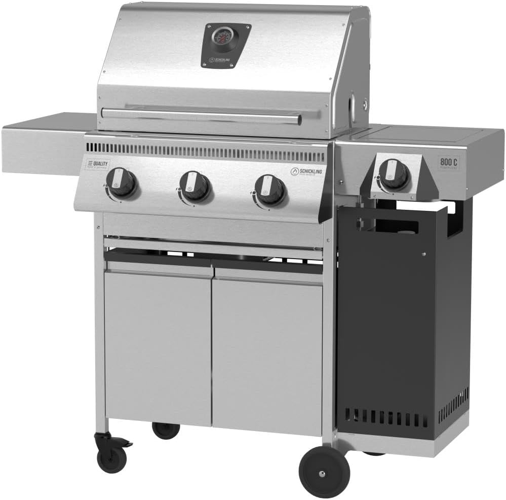 Schickling Gasgrill 'Henry L - Deluxe' Edelstahlgrill Grillwagen mit Unterschrank, Doppelwandigem Deckel, 3 Brenner, 800 Grad Seitenbrenner & 3-teiligem Grillrost - Made in Germany