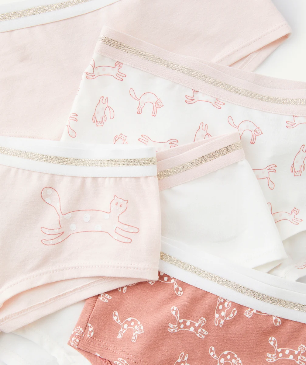 LOT DE 5 SHORTIES FILLE EN COTON BIO UNIS ET IMPRIMÉS CHATS