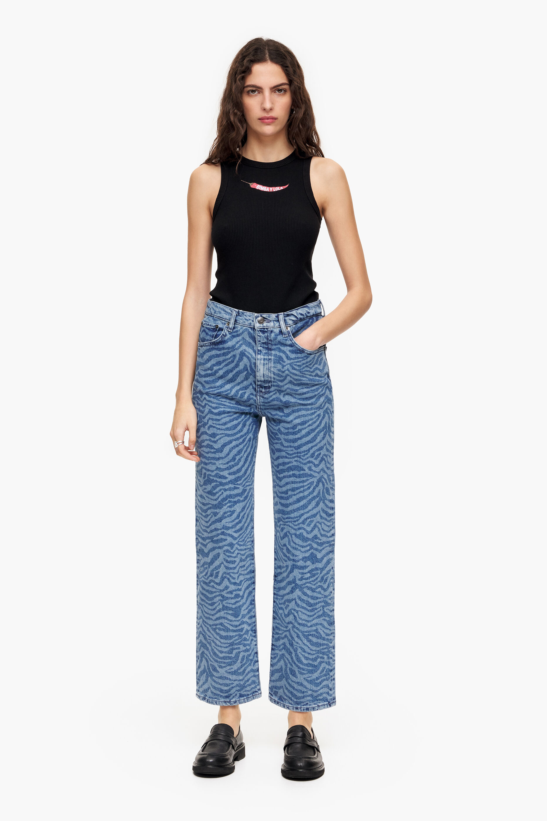 Calça jeans reta cropped azul tigre - Calça jeans reta