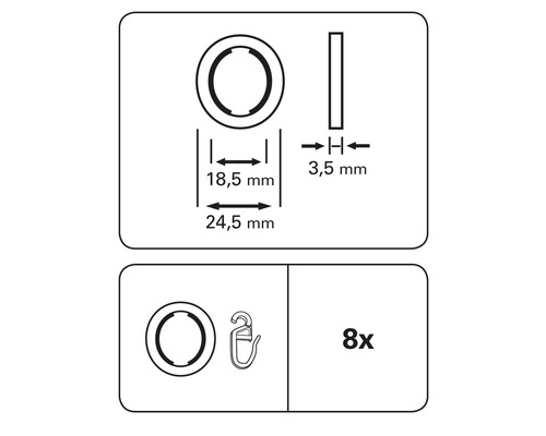 Gordijnring met schuifinzet voor New York, roestvrij staal, Ø 12 mm, 8 stuks.