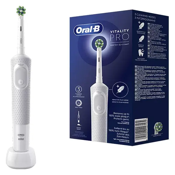 Escova de dentes elétrica Oral-B Vitality Pro branca com 1 cabeça de escova.