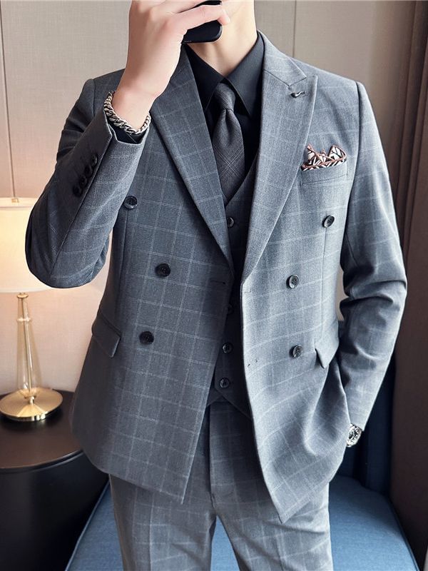 Blueforce - Set: Geruite blazer met dubbele rij knopen + V-hals vest met knoopjes + taps toelopende pantalon met middelhoge taille