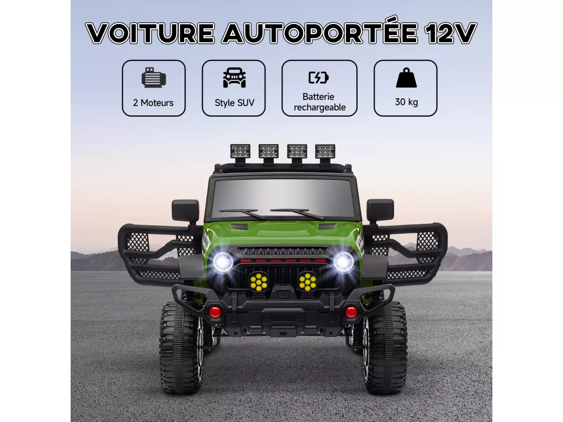 Voiture 4x4 électrique enfant - portes ouvrables, ceinture, télécommande - 3 vitesses, nombreux effets sonores lumineux - noir vert