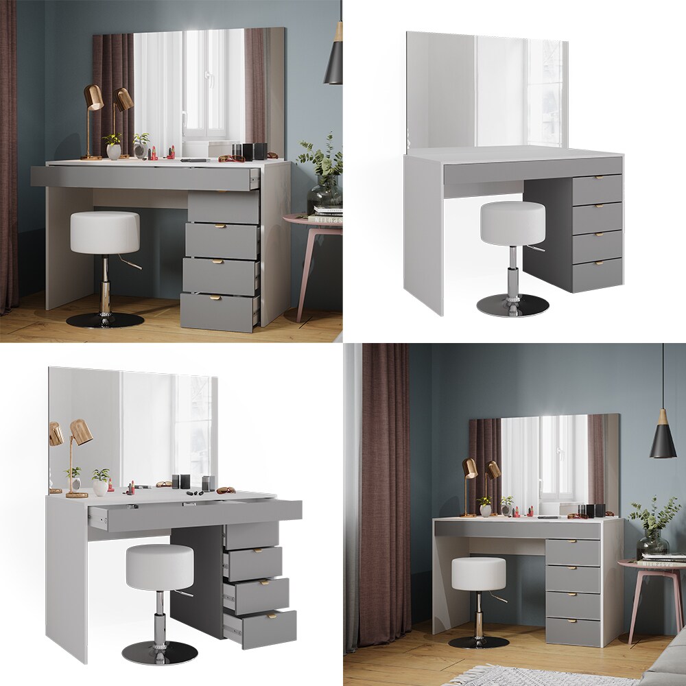 Vicco Schminktisch Elise Weiß Grau 115 x 76 cm modern Frisiertisch Schubladen Spiegel Hocker