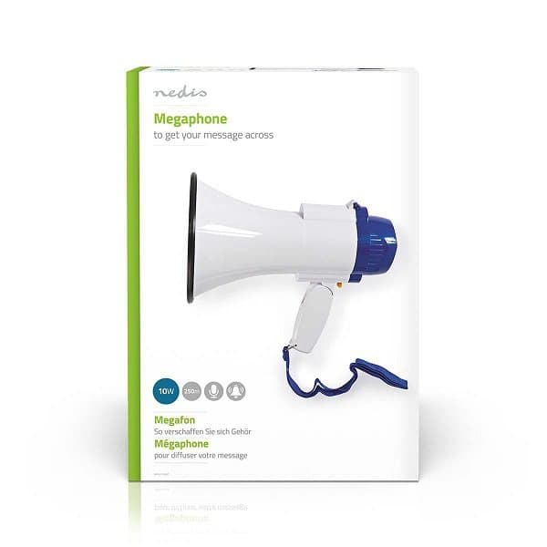 NEDIS megafon/ rozsah 250m/ hlasitost 115dB/ vestavěný mikrofon/ vestavěná siréna/ funkce nahrávání/ bílo-modrý