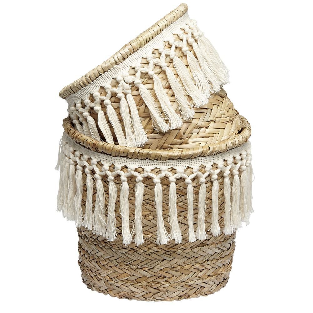 Panière ronde en jonc décor macramé Ø19 cm