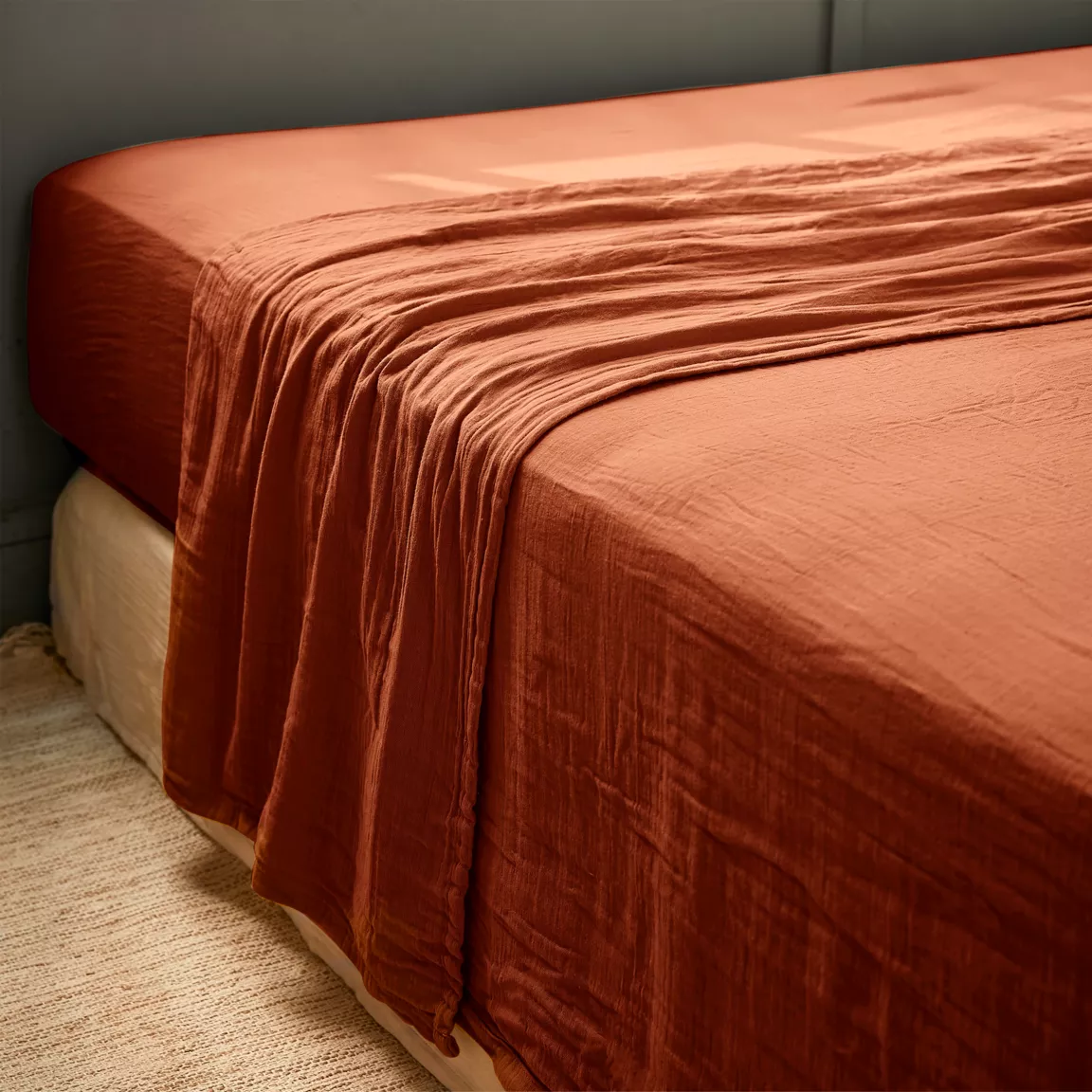 Drap plat gaze de coton (270 x 300 cm) Gaïa Terracotta