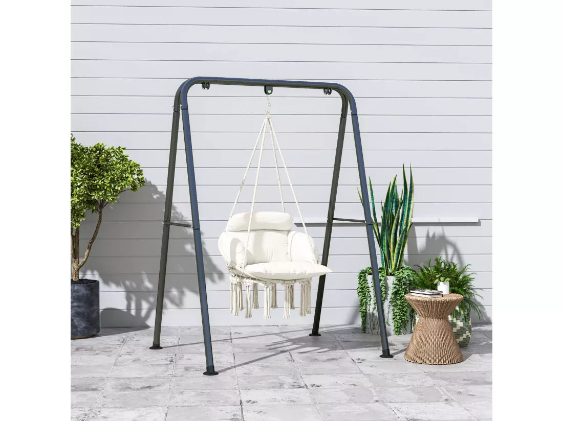 Chaise suspendue de jardin - grand coussin inclus - macramé coton polyester blanc cassé