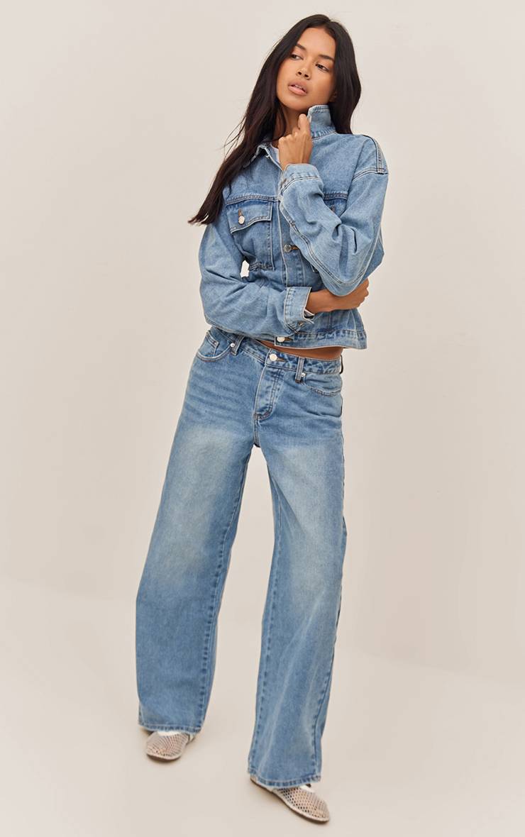 Mid Blue Wash Jean Droit À Taille Échancrée
