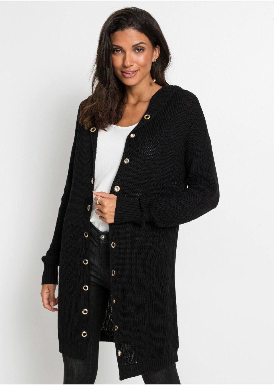 Gilet long en maille à capuche