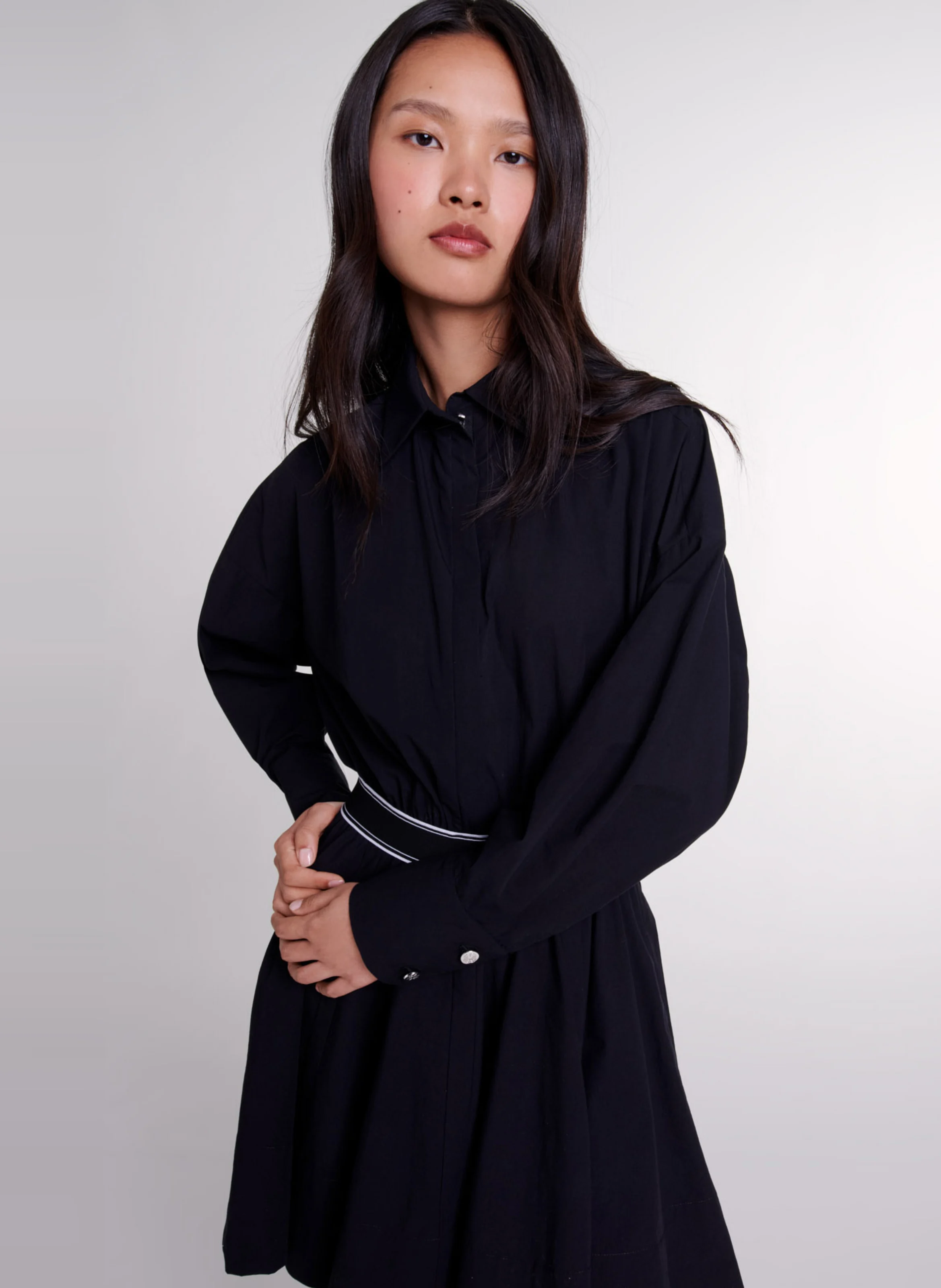Robe chemise courte évasée en coton mélangé | Noir