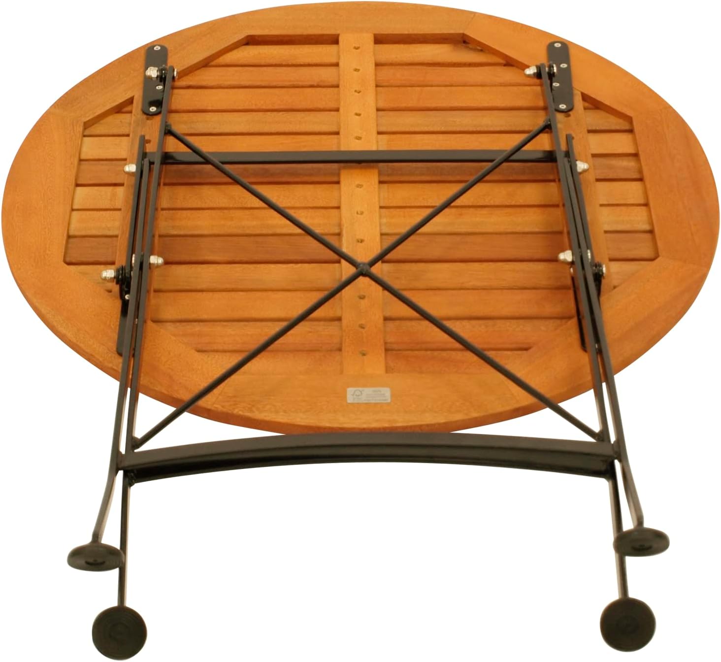 DEGAMO Garten Sitzgruppe Klappgarnitur HOFGARTEN 3-teilig (2X Armlehnensessel, 1x Tisch rund 75cm), Stahl schwarz pulverbeschichtet, Eukalyptus Holz braun geölt, FSC®-Zertifiziert, Outdoor