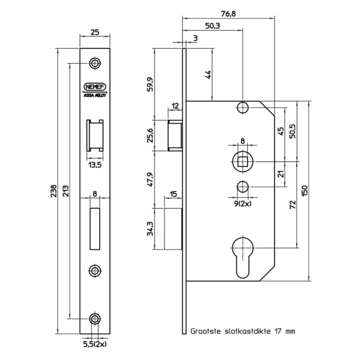 NEMEF 500 serie insteekcilinderslot binnendeur wit Doorn 50mm PC 72mm
