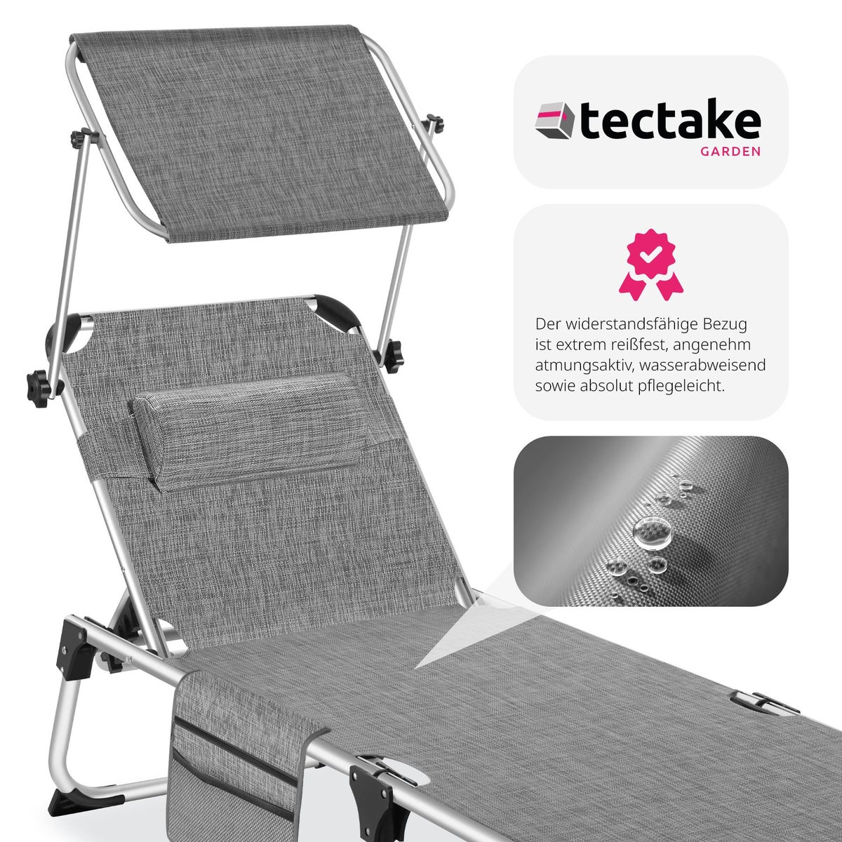tectake Aurelie opvouwbare zonnestoel met hoofdsteun, 218 x 60 x 33,5 cm, inclusief zijvak