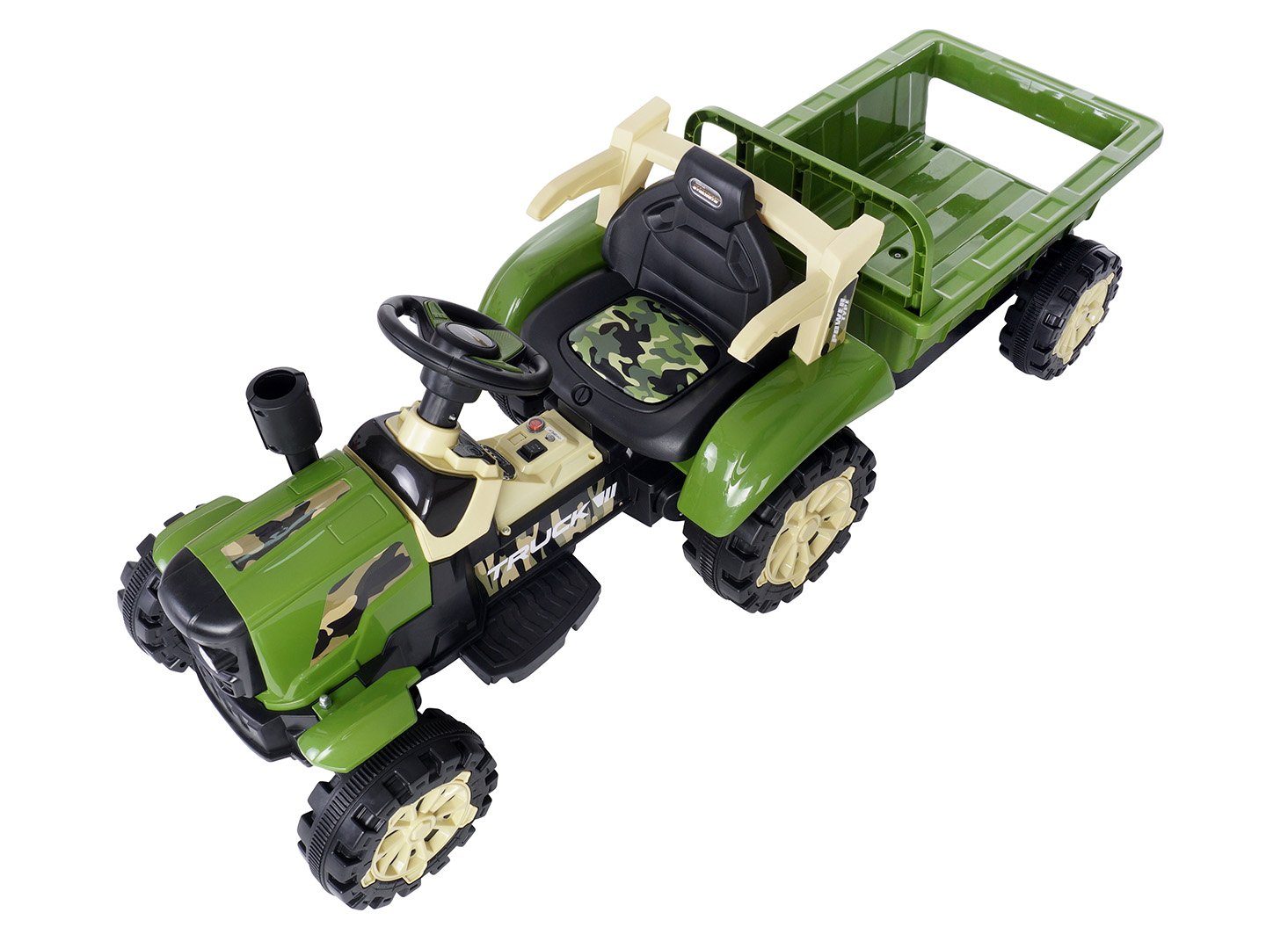Trator elétrico infantil Actionbikes Motors com reboque, controle remoto incluso, capacidade de carga de 30 kg (2 partes), carga útil de 30 kg - freio automático - 2 motores de 6 V - a partir de 3 anos