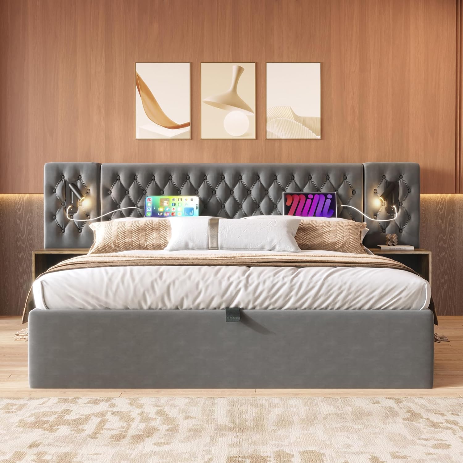 Polsterbett Doppelbett Bettanlage 180x200 cm, Schlafzimmer Komplett Set, Hydraulisch Stauraumbett mit 2x Nachtkommoden, LED Kopfteil Bett mit Leselicht & USB Ladefunktion, Samt, Ohne Matratze, Grau