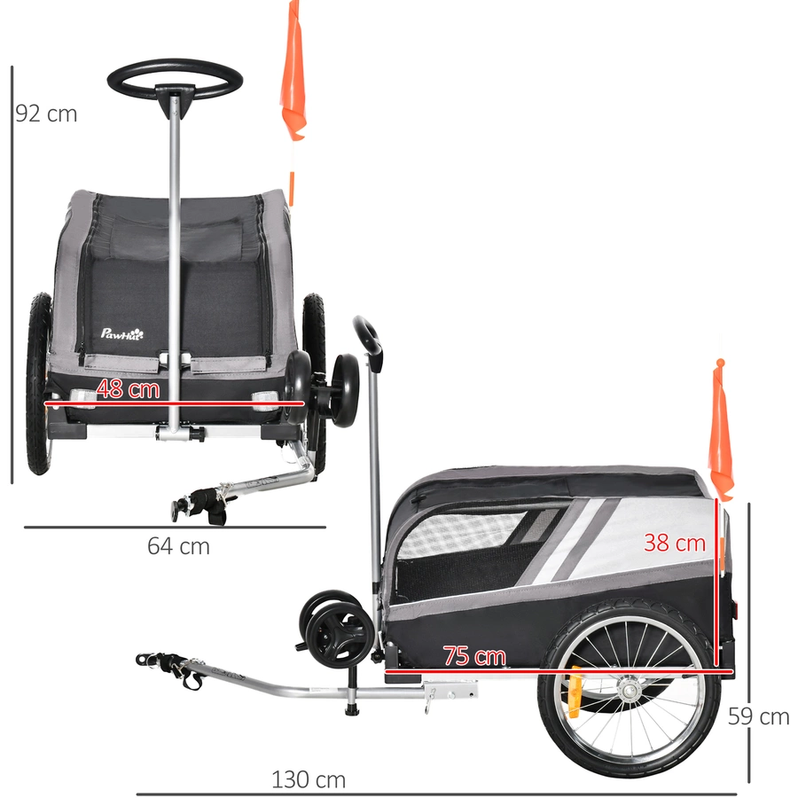 PawHut Hundeanhänger 2 in 1 Trolley schwarz, grau, silber