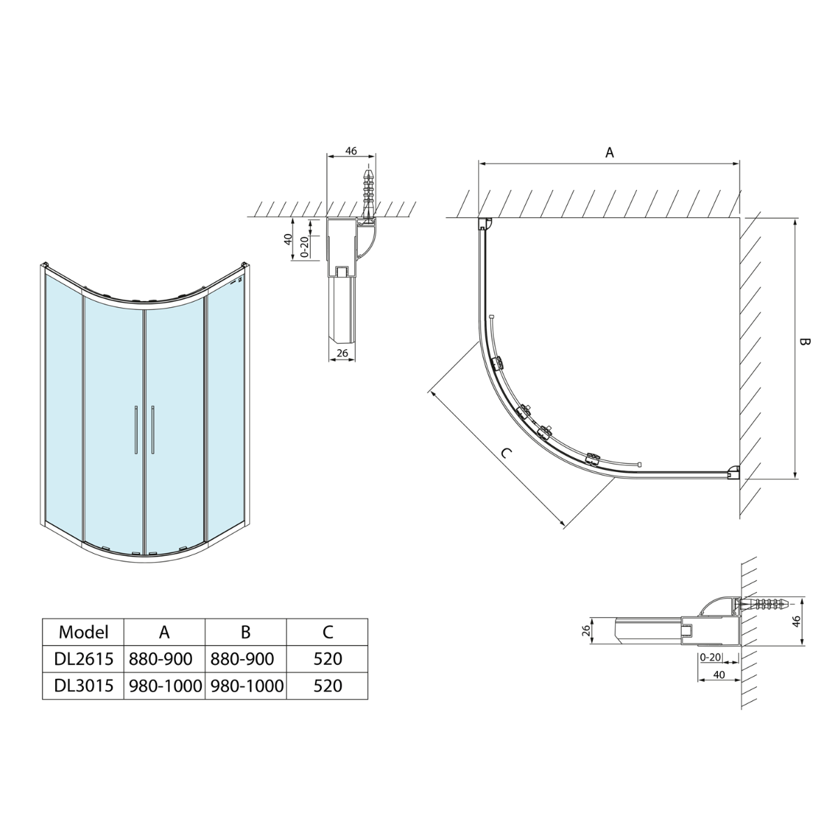 Polysan Lucis kwartronde douchecabine 90x90cm chroom